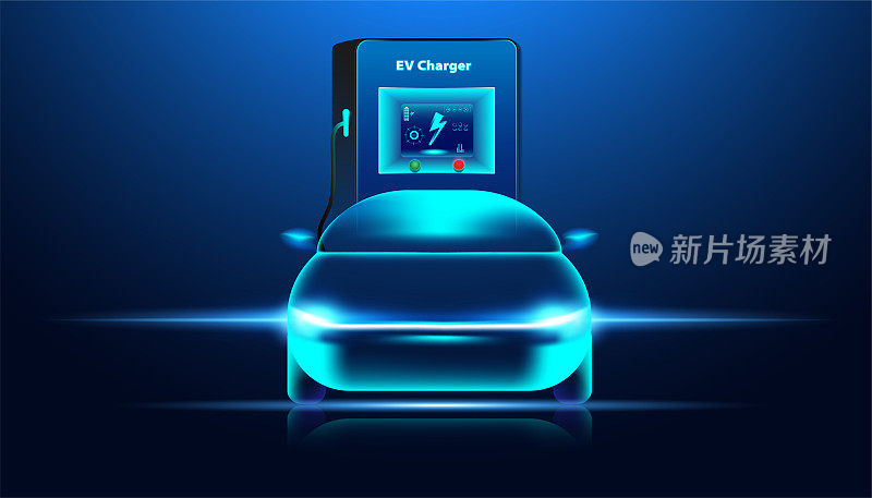 摘要电动汽车充电站电动汽车在插图中，电动汽车是由电能驱动的。未来的能源。在蓝色背景