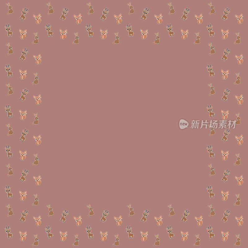 快乐的小非洲灌木野兔，耳廓狐，羚羊的正方形框架与白色的轮廓在灰粉色的背景上。婴儿像少女的装饰。向量。