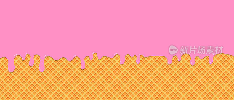 粉色草莓冰淇淋融化在华夫饼的背景上。矢量图
