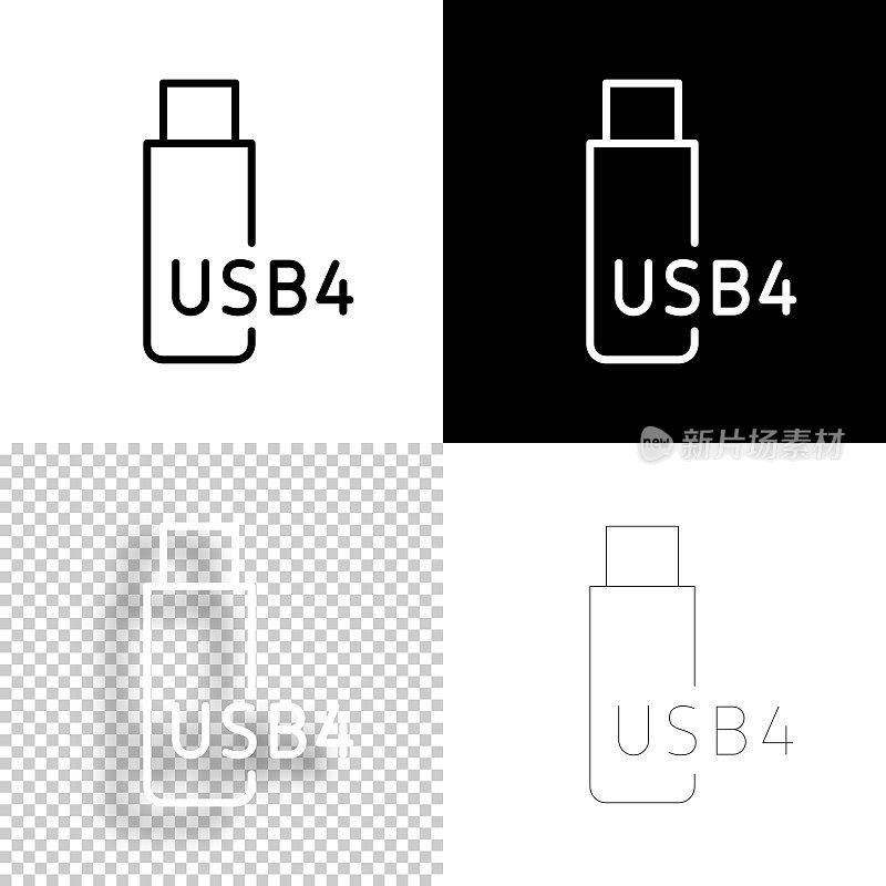 USB4闪存盘。图标设计。空白，白色和黑色背景-线图标