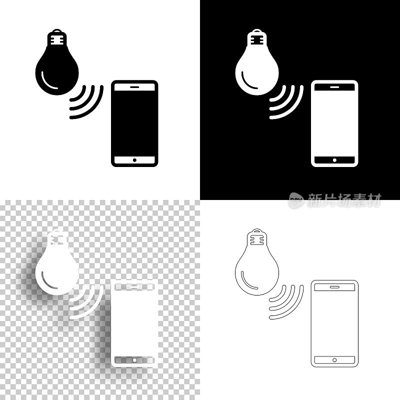 智能灯泡与智能手机。图标设计。空白，白色和黑色背景-线图标