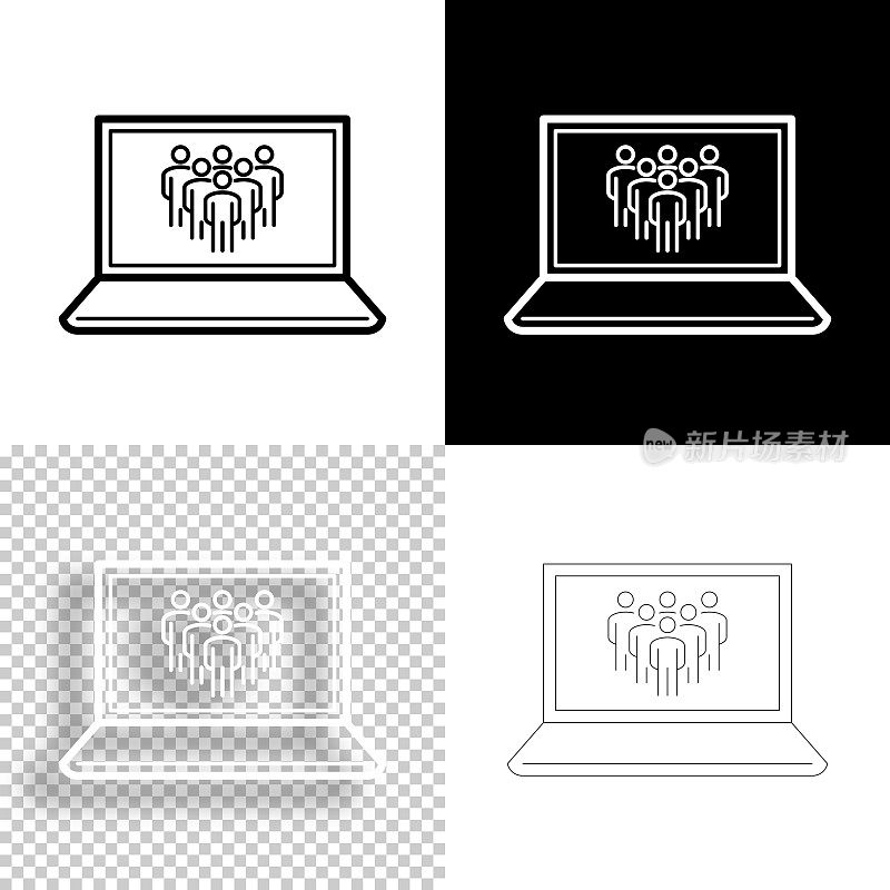 在笔记本电脑上使用社交媒体。图标设计。空白，白色和黑色背景-线图标