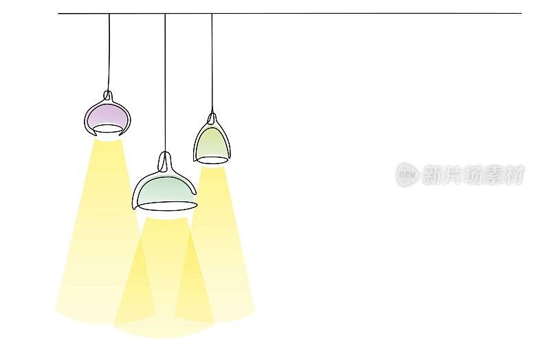 连续线灯和灯泡的颜色形状。灯罩单线画。灯泡矢量插图的单线绘制。极简设计背景