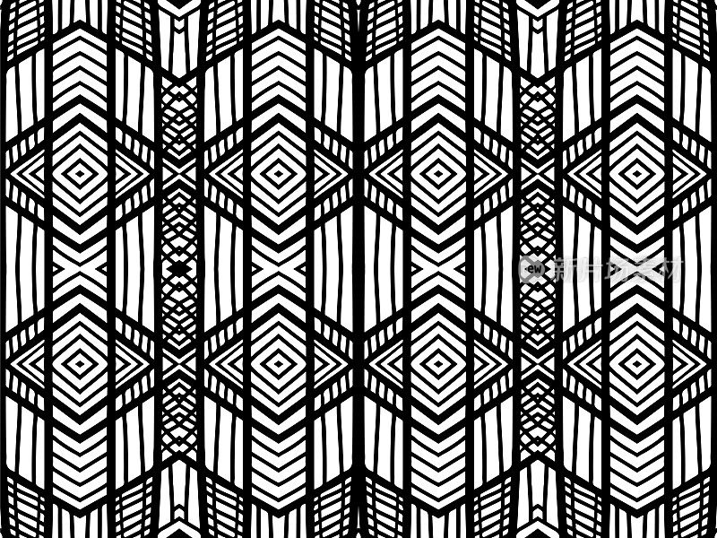 阿兹特克的模式。Zentangle抽象的装饰。抽象涂鸦背景。黑白矢量模式。具有民族风格的肌理，适用于网页设计、室内面料、时尚服装或印刷品。背景抽象线条部落涂鸦黑白色3