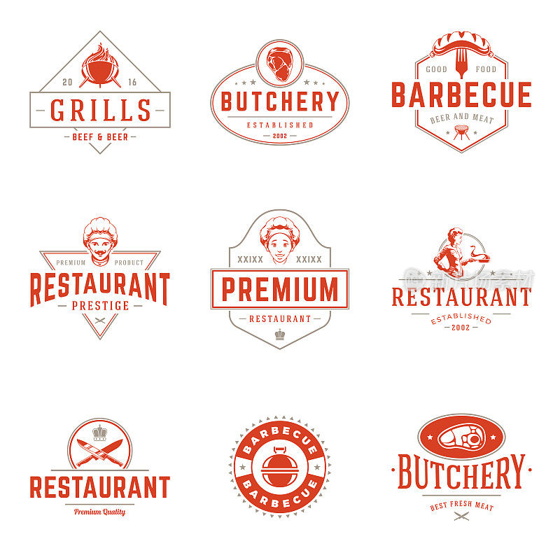 餐厅徽标模板矢量对象集。徽章或徽章设计。