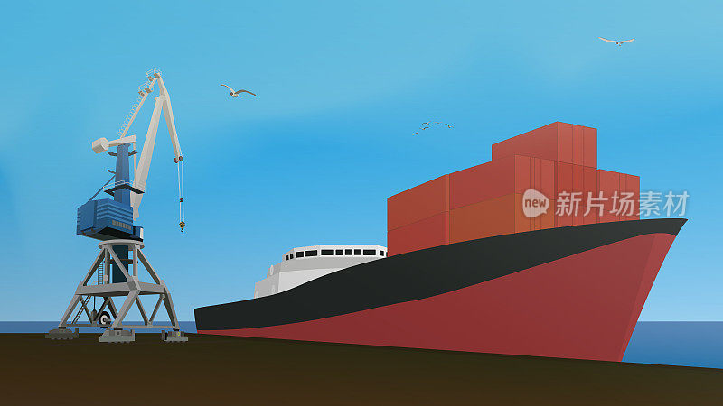 港口货物吊车和集装箱船。