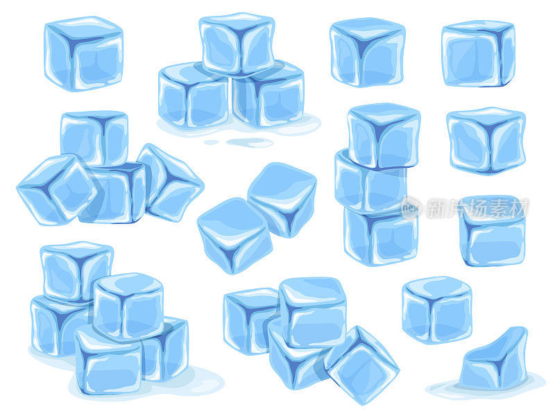 卡通冰块。蓝色冰水、冰水和融化冰块矢量集