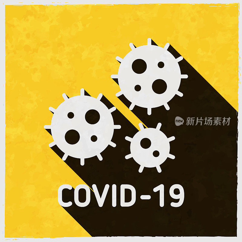 COVID-19细胞。图标与长阴影的纹理黄色背景