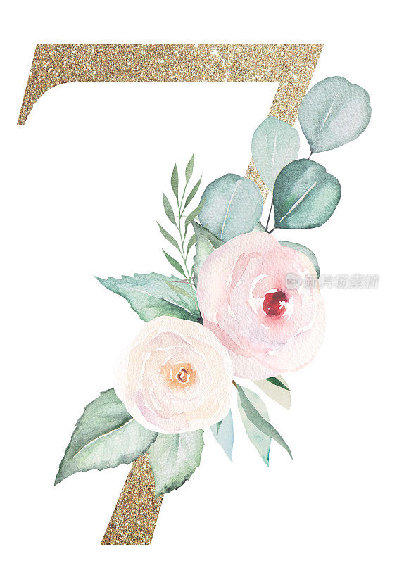 淡金色数字7与水彩玫瑰和叶子。粉彩花卉字母表