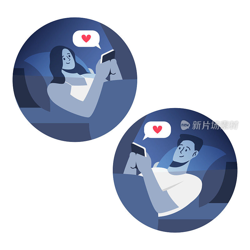 一对恩爱的情侣通过智能手机聊天。长距离的关系。女孩和男孩躺在床上用手机聊天。晚上视频聊天。