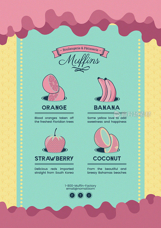 有趣的彩色冰淇淋或松饼传单和海报模板霓虹灯和可爱的粉彩水果
