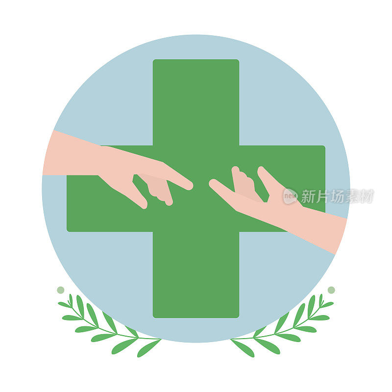 医学十字与手牵花。卫生保健的象征。唱歌或标志孤立在白色背景。Ð医学和社会关怀的概念。医疗保健