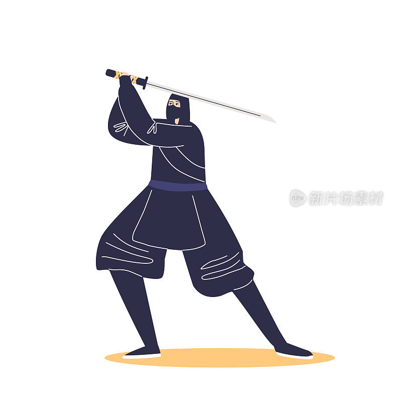 功夫武士拿剑的武士。穿着传统黑色服装的中国古代武术战士
