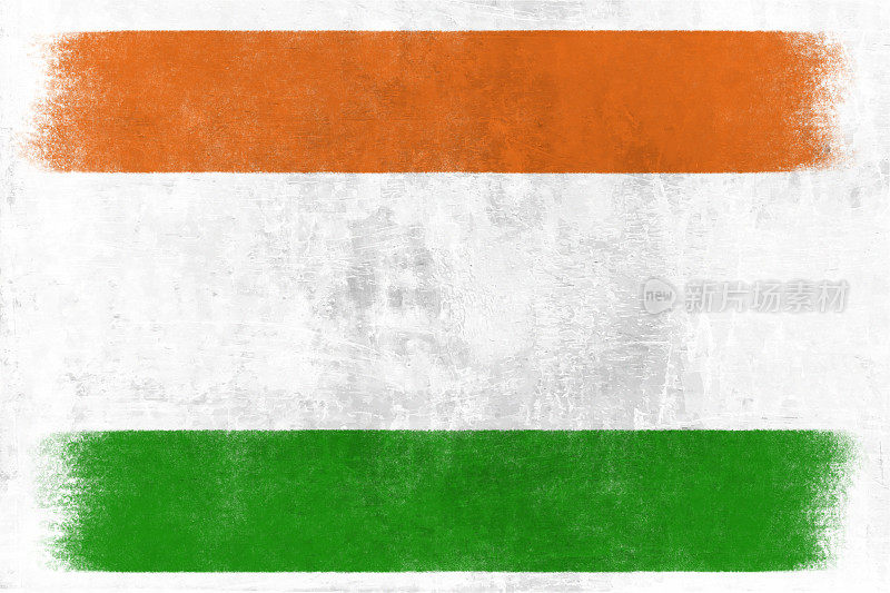 水平背景的三色旗，明亮的模糊的橙色或藏红花，白色和绿色的颜色，如印度国旗，褪色像油漆的笔画