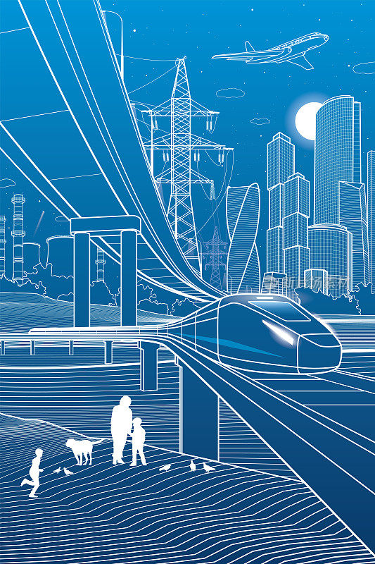 概述城市插图。铁路桥梁。汽车天桥。火车。城市基础设施和交通形象。城市场景。矢量设计艺术。蓝色背景上的白线