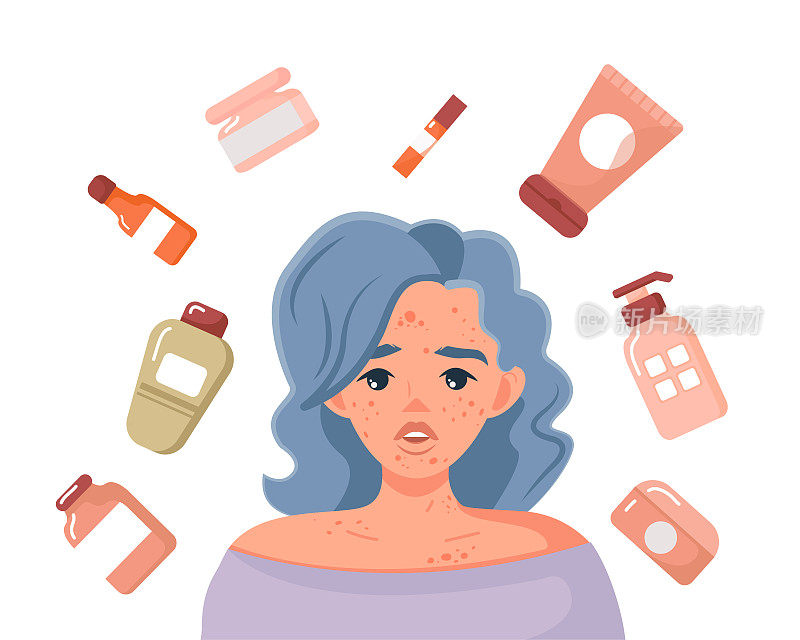 一个女性角色被一罐一罐的面霜、磨砂膏和乳液包围着