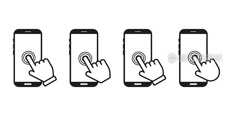 智能手机触摸屏图标集。点击智能手机。手点按触摸屏。带有点击光标的手机。智能手机屏幕与手触摸