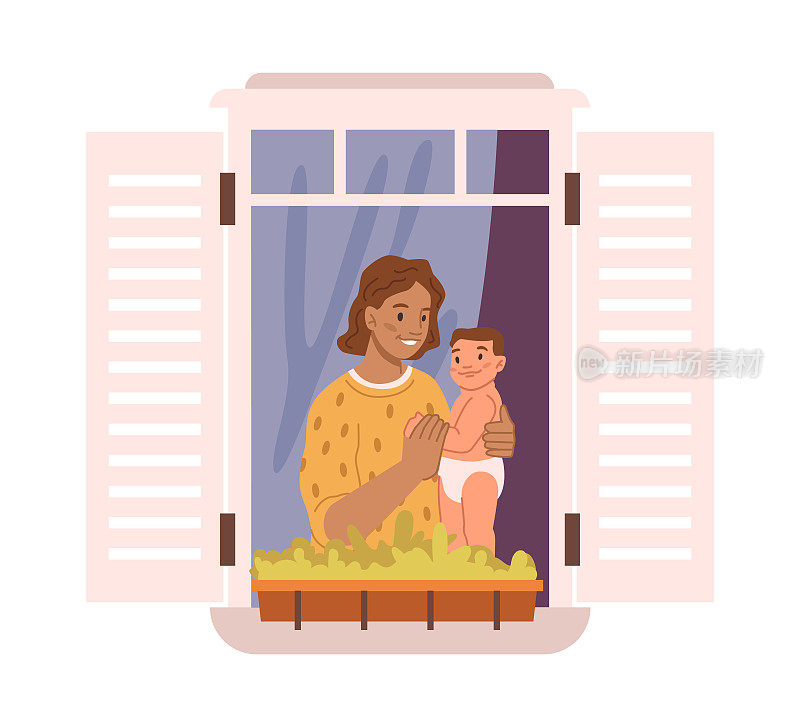 妈妈和蹒跚学步的孩子看着窗外，孩子站在窗台上拿着花盆。母亲和儿子呆在家里。卡通人物，平面风格的矢量