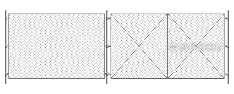 金属丝栅栏和大门。带有金属支柱的铁链栅栏碎片。有保卫的地区，受保护的区域或监狱围栏。铁丝电网建设
