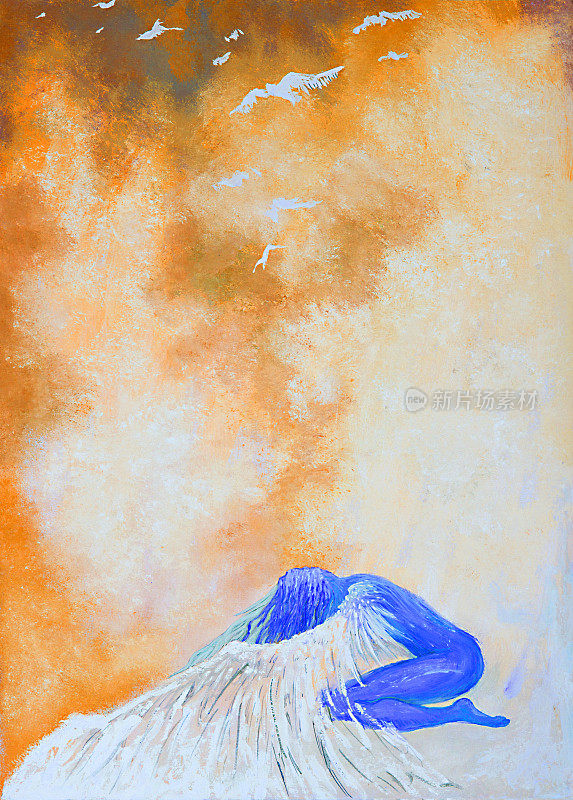 插画油画肖像的一个女人的形式守护天使的翅膀保护她的孩子在阳光和晴朗的天空的背景下