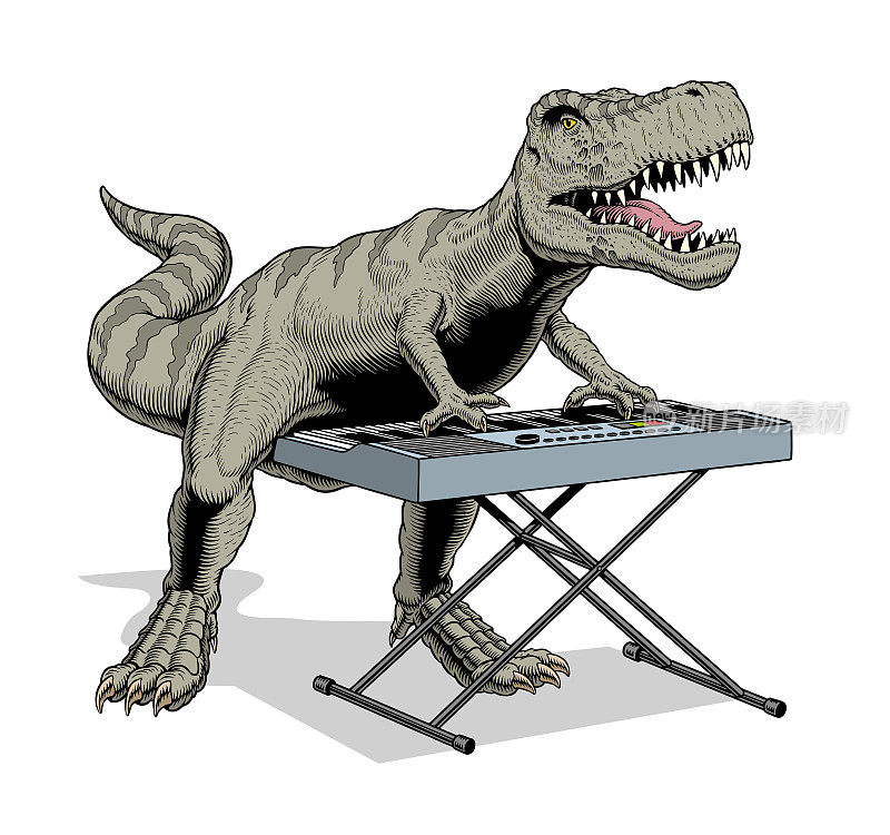 恐龙弹钢琴键盘孤立在白色背景。雷克斯暴龙带着电子合成器。矢量插图。