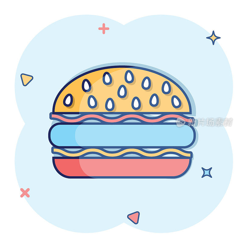 矢量卡通汉堡快餐图标在漫画风格。汉堡包标志插图象形图。汉堡商业溅射效应概念。