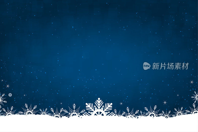 闪亮的圣诞水平矢量背景在深海军蓝颜色与白色的雪和雪花作为底部边界的褶边和闪烁的闪亮的星星