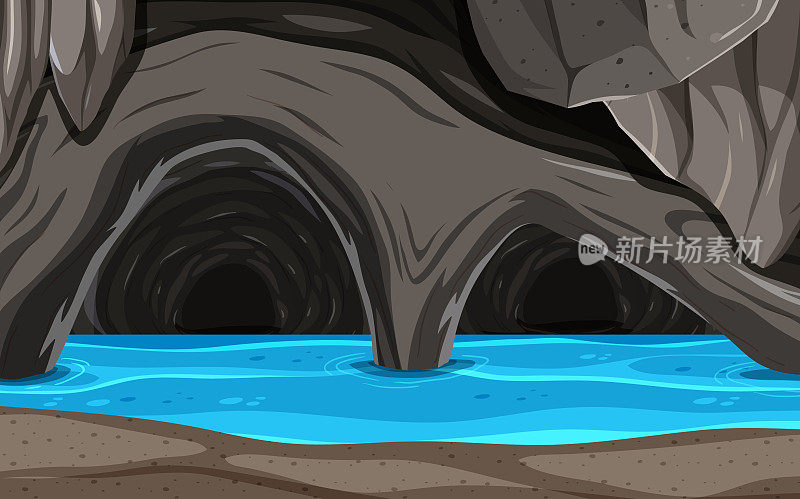 海洞在夜间卡通风格的背景
