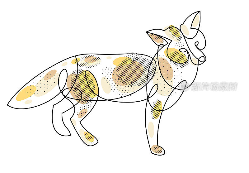 红狐狸线性矢量插图孤立，可爱的野生动物野生萌犬，艺术绘画。