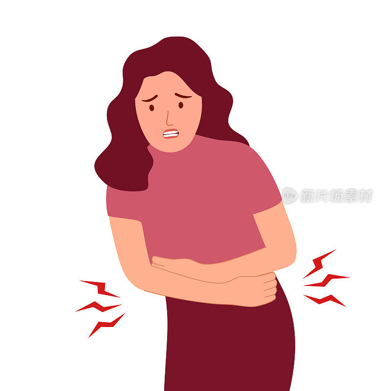 妇女感到疼痛的胃概念矢量插图在白色背景。便秘或腹泻。腹部疾病和疾病。扁平设计的经期疼痛。