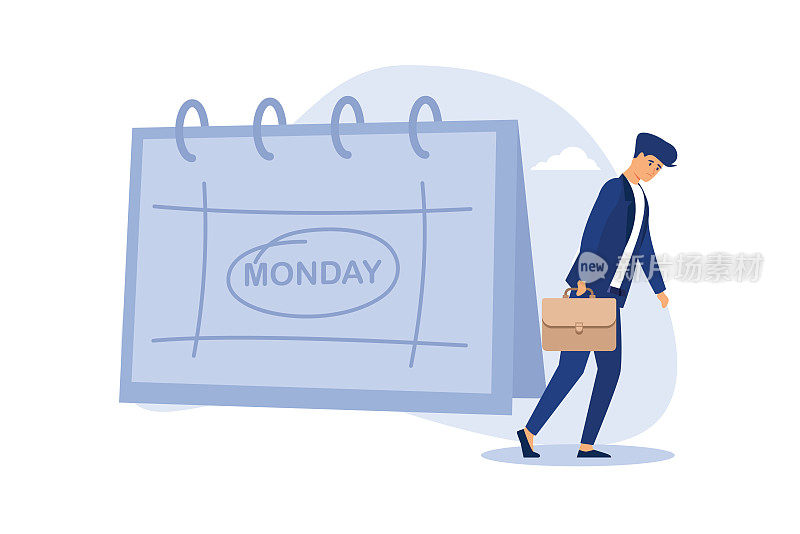 星期一忧郁症，对例行的办公室工作感到疲倦和恐惧，抑郁或悲伤的工人，星期一早上困倦和沮丧，疲惫和困倦的商人在日历上显示星期一上班。