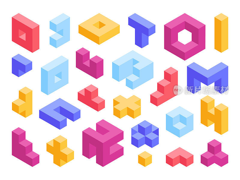等距益智游戏块，3d几何形状。彩色逻辑游戏块，等距构造器立方体元素矢量插图集合。马赛克3d立方体集合