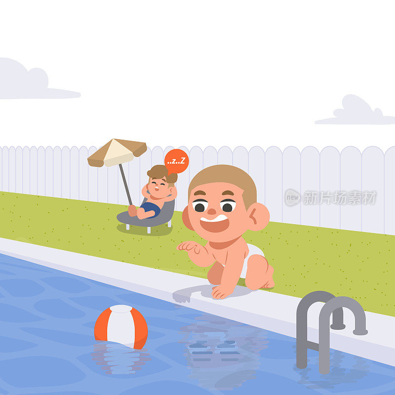 一个男人在睡觉，婴儿就要掉进水里了。插图矢量卡通人物设计在白色背景。安全的概念。