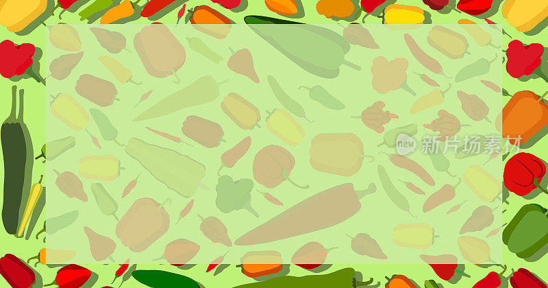 横横幅上有不同类型的辣椒。甜，微辣，中辣，超级辣的辣椒。蔬菜。平的风格。矢量插图隔离在绿色背景上。模板。