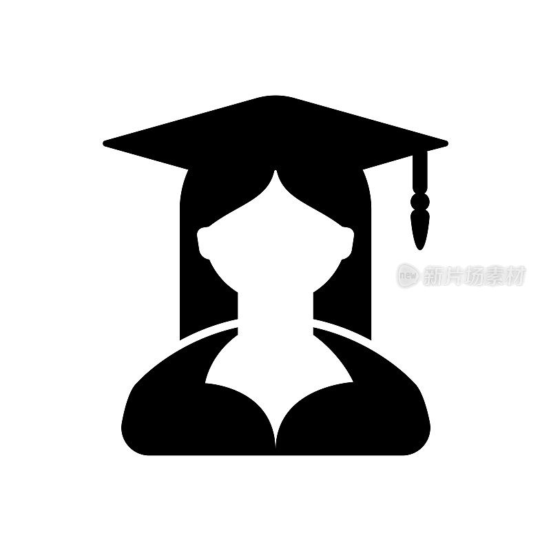 女学生图标与毕业帽在白色背景。