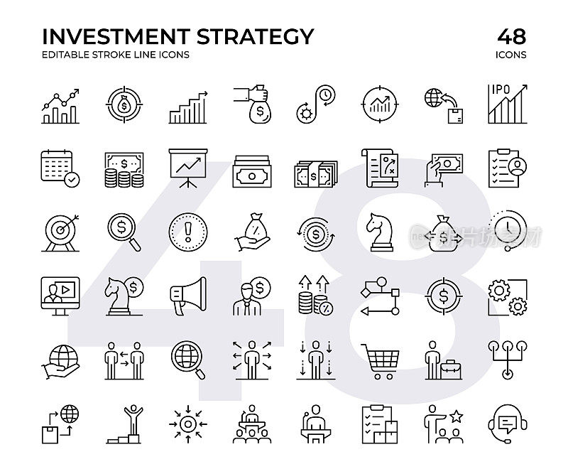 投资策略矢量线图标集。这个图标集包括风险投资、目标市场、赚钱、金融贷款等