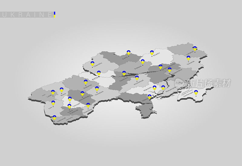 乌克兰地图。这张地图显示了城市及其区域。每个区域和边界都可以选择并重新涂成不同的颜色。等距插图。