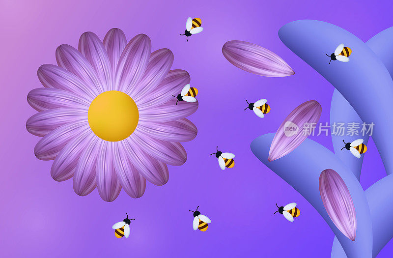 一群蜜蜂在蜂房里采蜜。矢量三维插图。昆虫给花授粉。现代创意草地设计，紫色花朵特写，环境。蜜蜂采集花粉。
