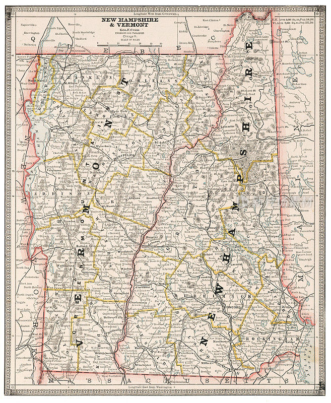 美国新罕布什尔州和佛蒙特州地图，1883年