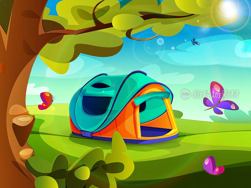 旅行，徒步旅行，冒险卡通风格。游客帐篷与蝴蝶在阳光明媚的夏日乡村。