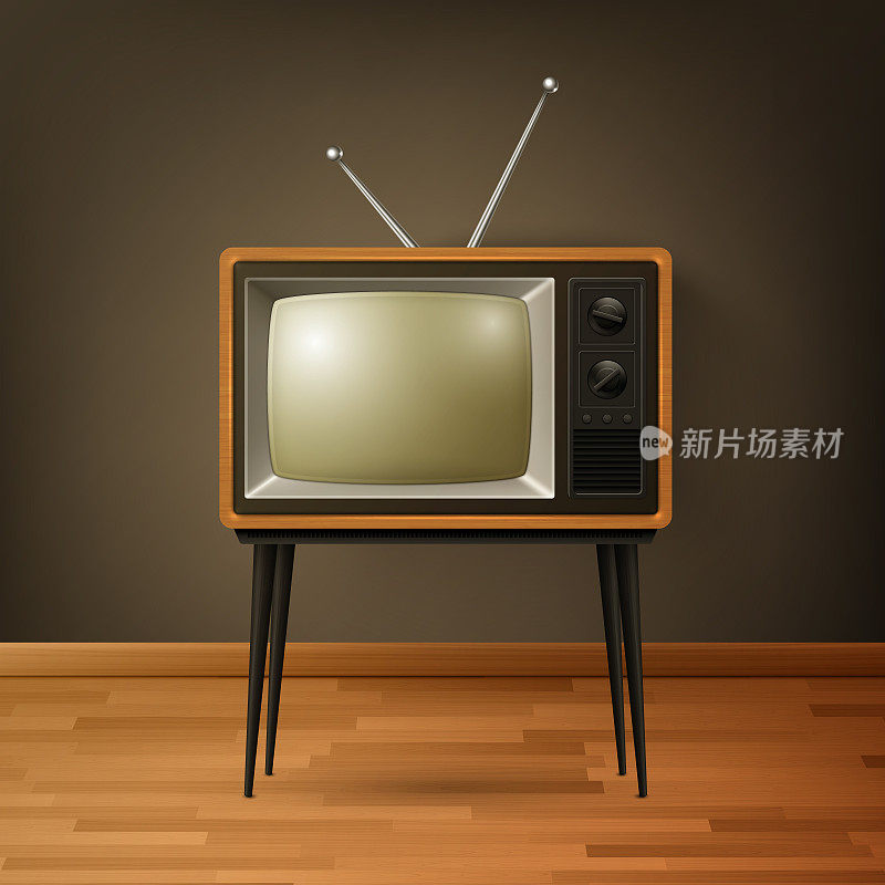 矢量3d现实的棕色木制复古电视接收器在木地板。家居室内设计概念。老式电视机，电视，前视图
