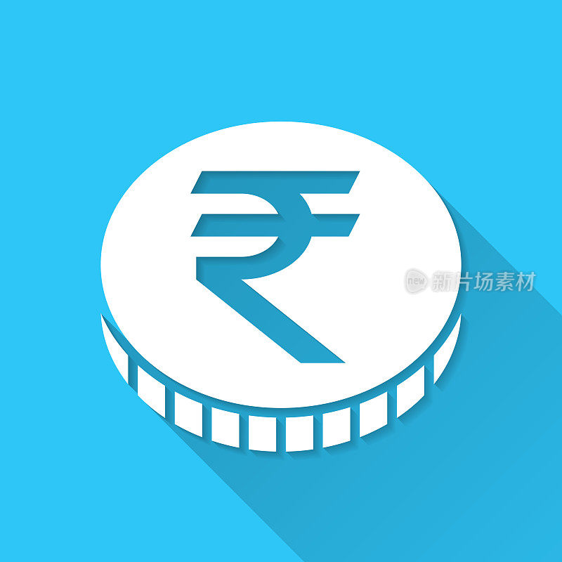 印度卢比硬币。图标在蓝色背景-平面设计与长阴影