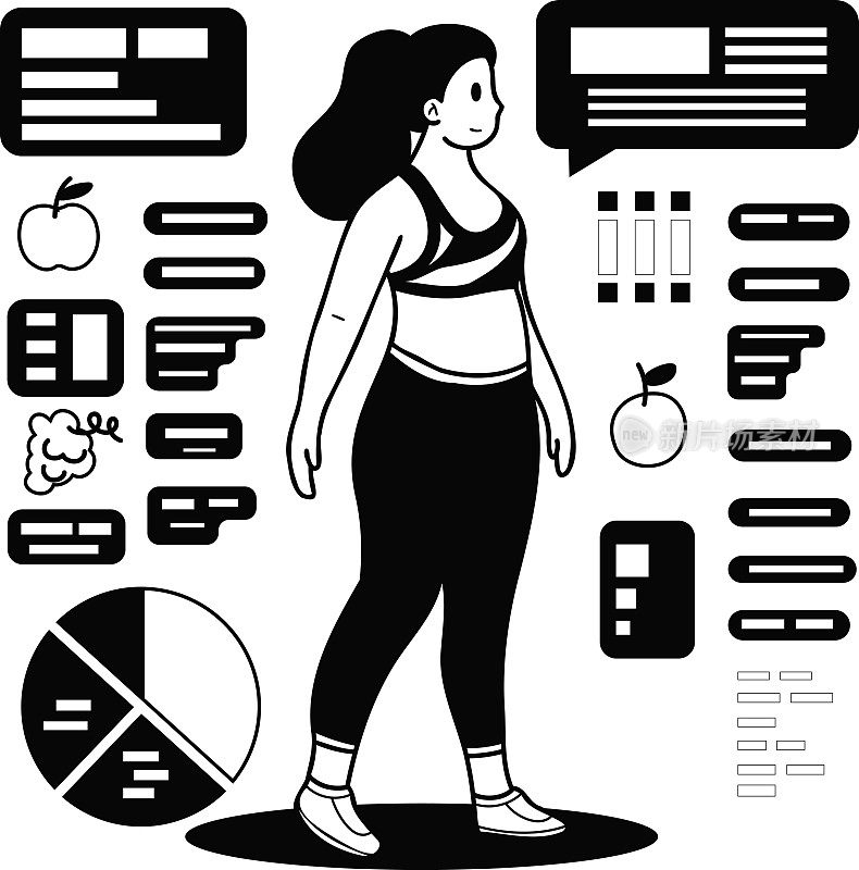 热爱健康的健身女孩正在以涂鸦风格减肥插图