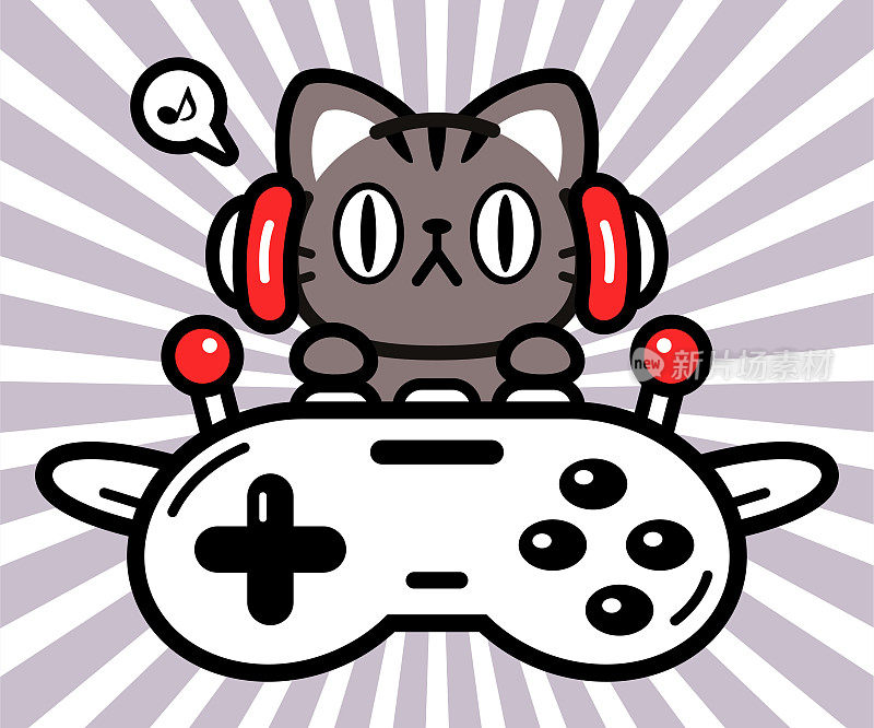 可爱的角色设计，一只小猫戴着耳机，驾驶着一架由游戏控制器制成的飞机