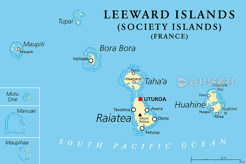 背风群岛，法属波利尼西亚社会群岛的一部分，政治地图