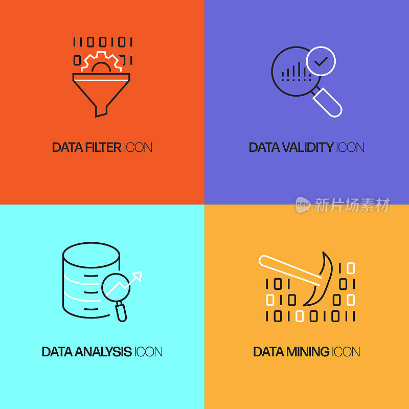 数据分析相关的矢量细线图标。轮廓符号集合