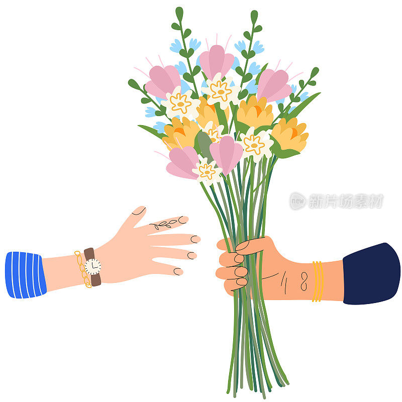 手里捧着一束花。一只手送花束。假日礼物，浪漫礼物，周年纪念或生日庆典。