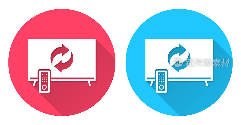 电视上的回收标志。圆形图标与长阴影在红色或蓝色的背景