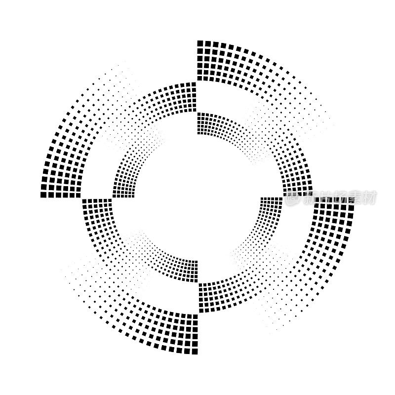 由正方形圆点组成的四分之一圆。单色圆形设计与交替点和方形图案。