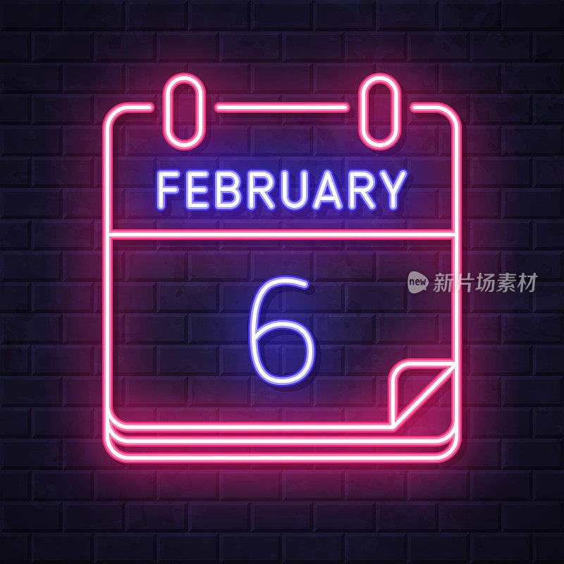 2月6日。在砖墙背景上发光的霓虹灯图标